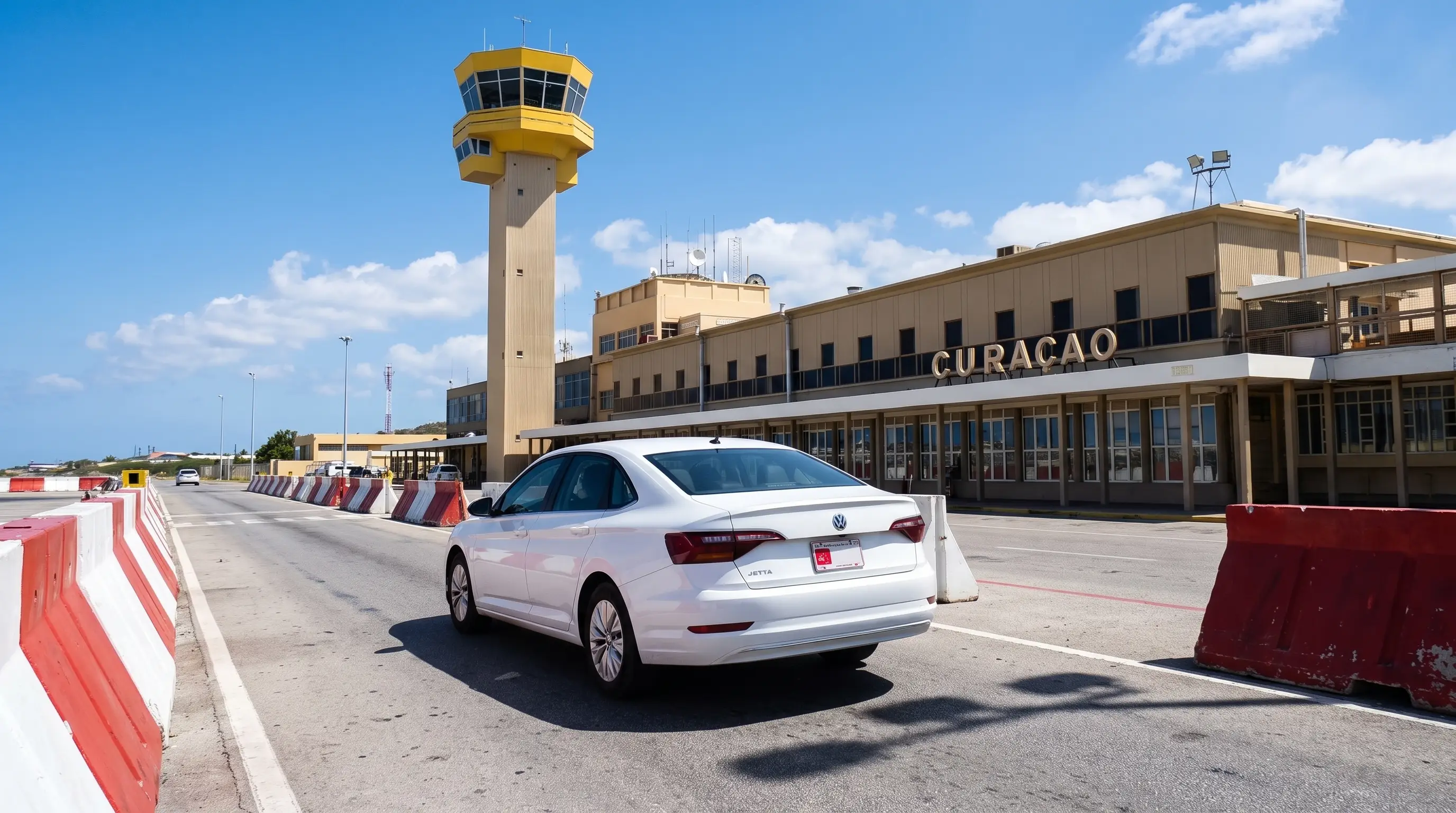 White rental car driving along the airport terminal road