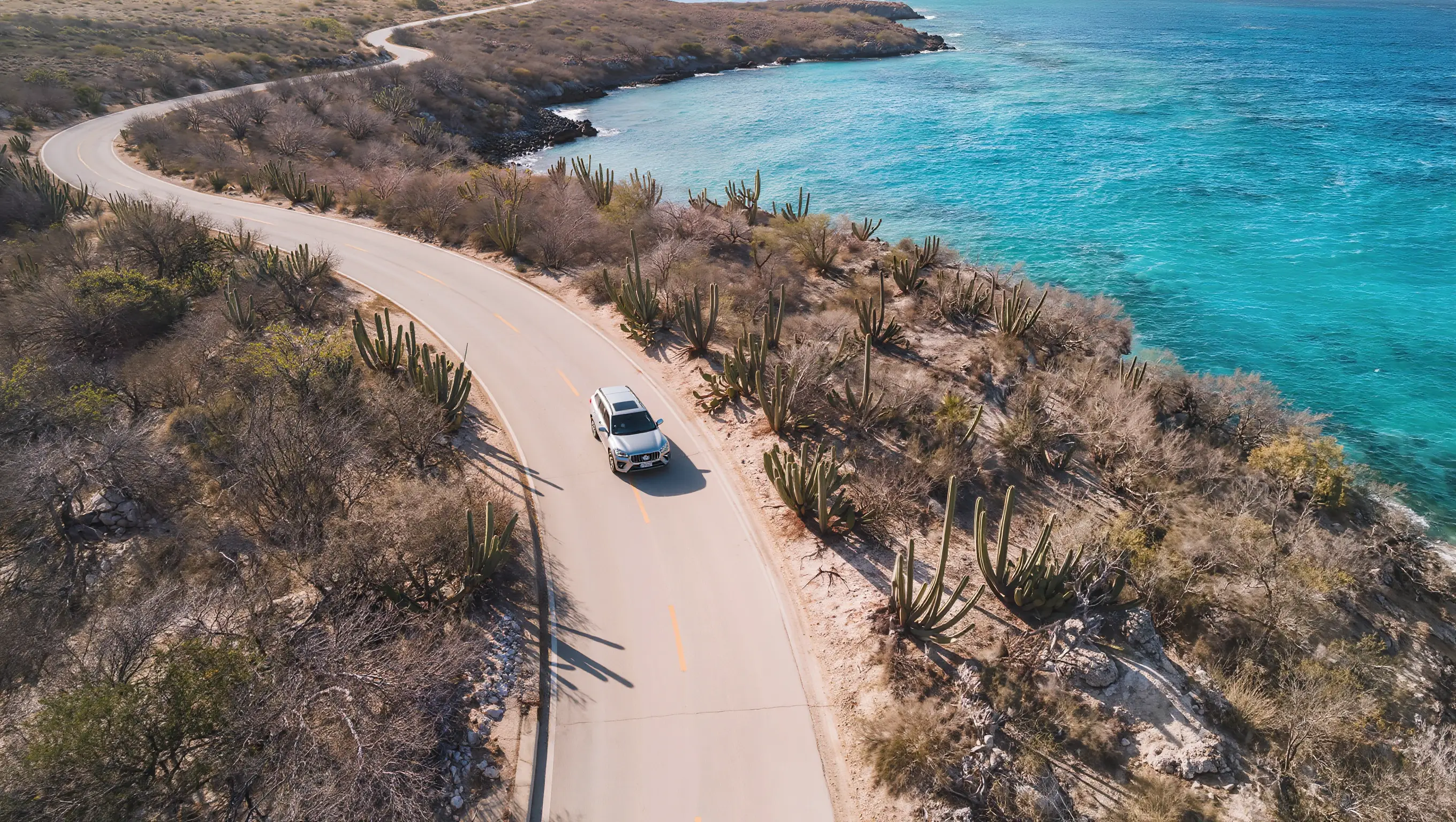 Aerial view of an SUV on a coastal road along turquoise water in Curaçao