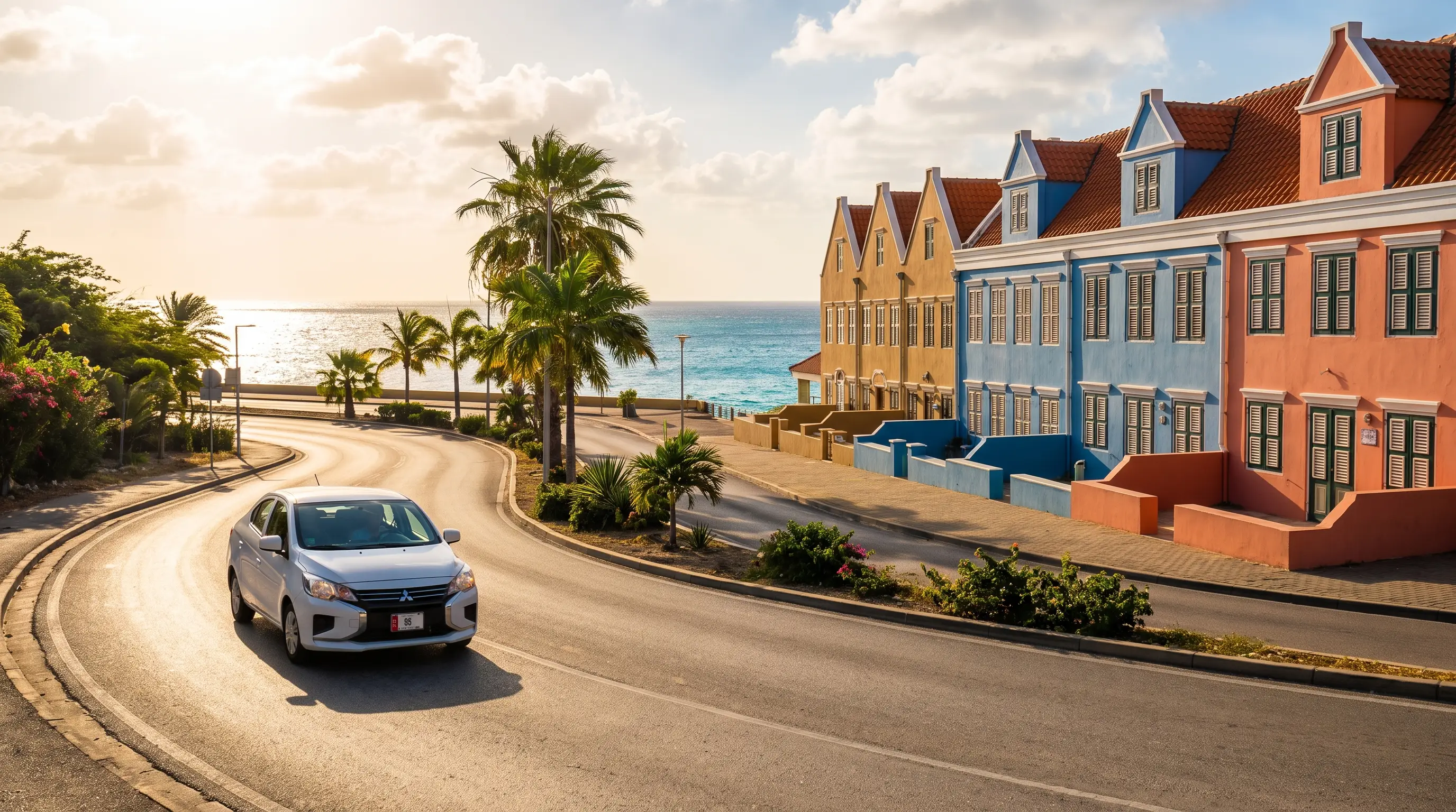 Rental car on a coastal road past colonial houses at golden hour in Curaçao