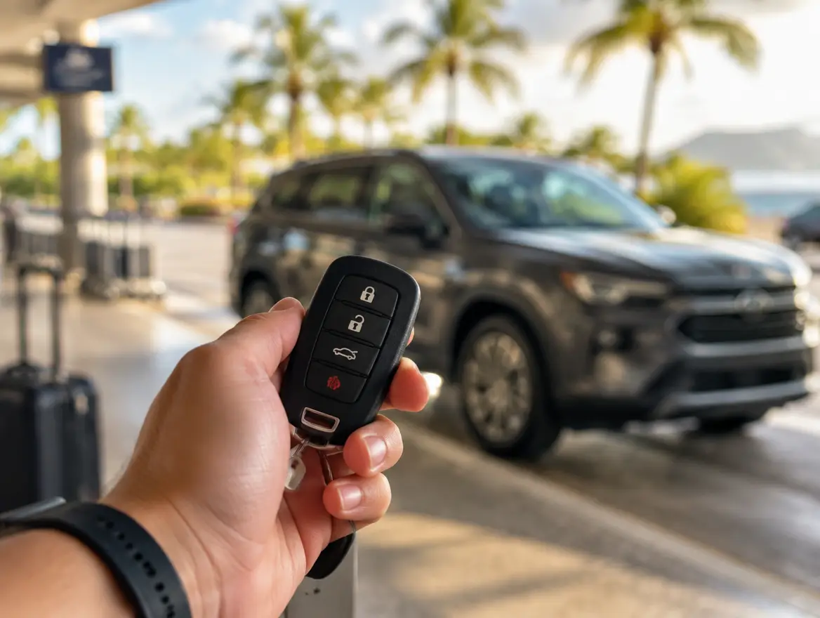 Hand holding a rental car key at the airport