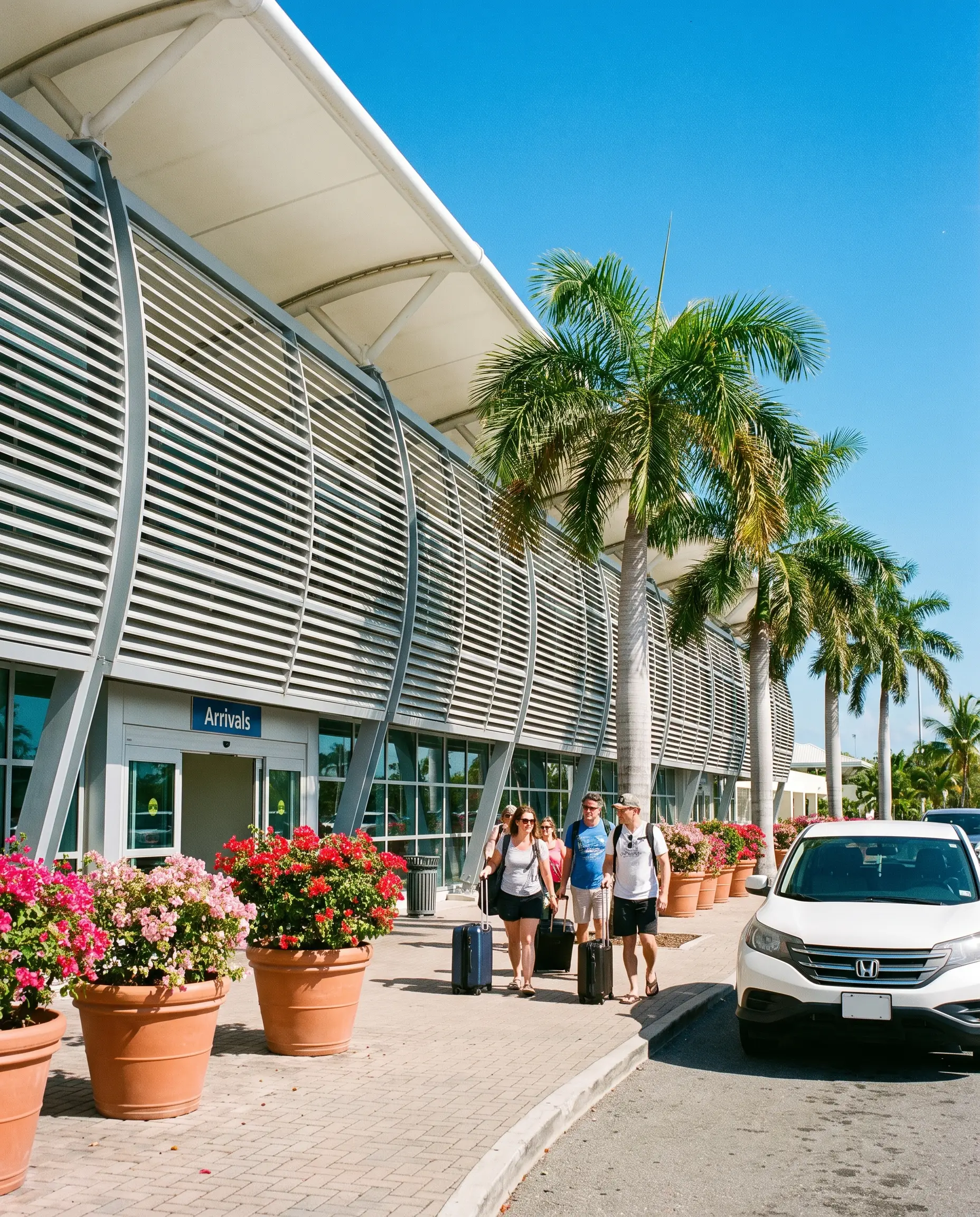 Travelers with suitcases walking along the airport terminal in Curaçao