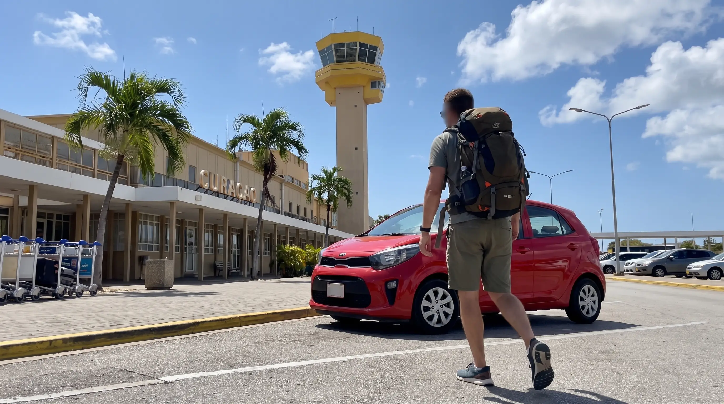Traveler with a backpack walking to a red rental car outside the airport