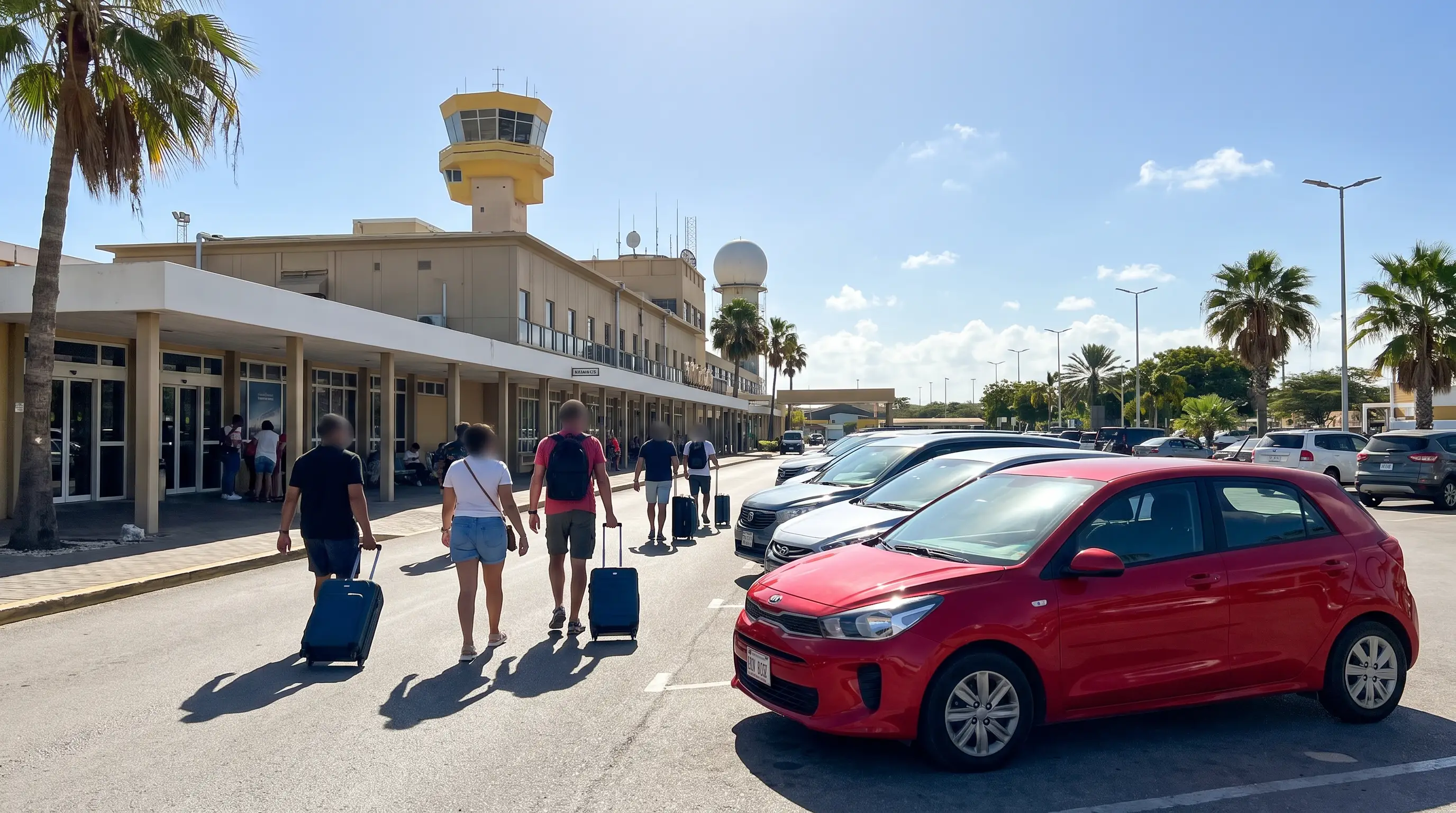 Travelers pulling suitcases outside the airport terminal in Curaçao
