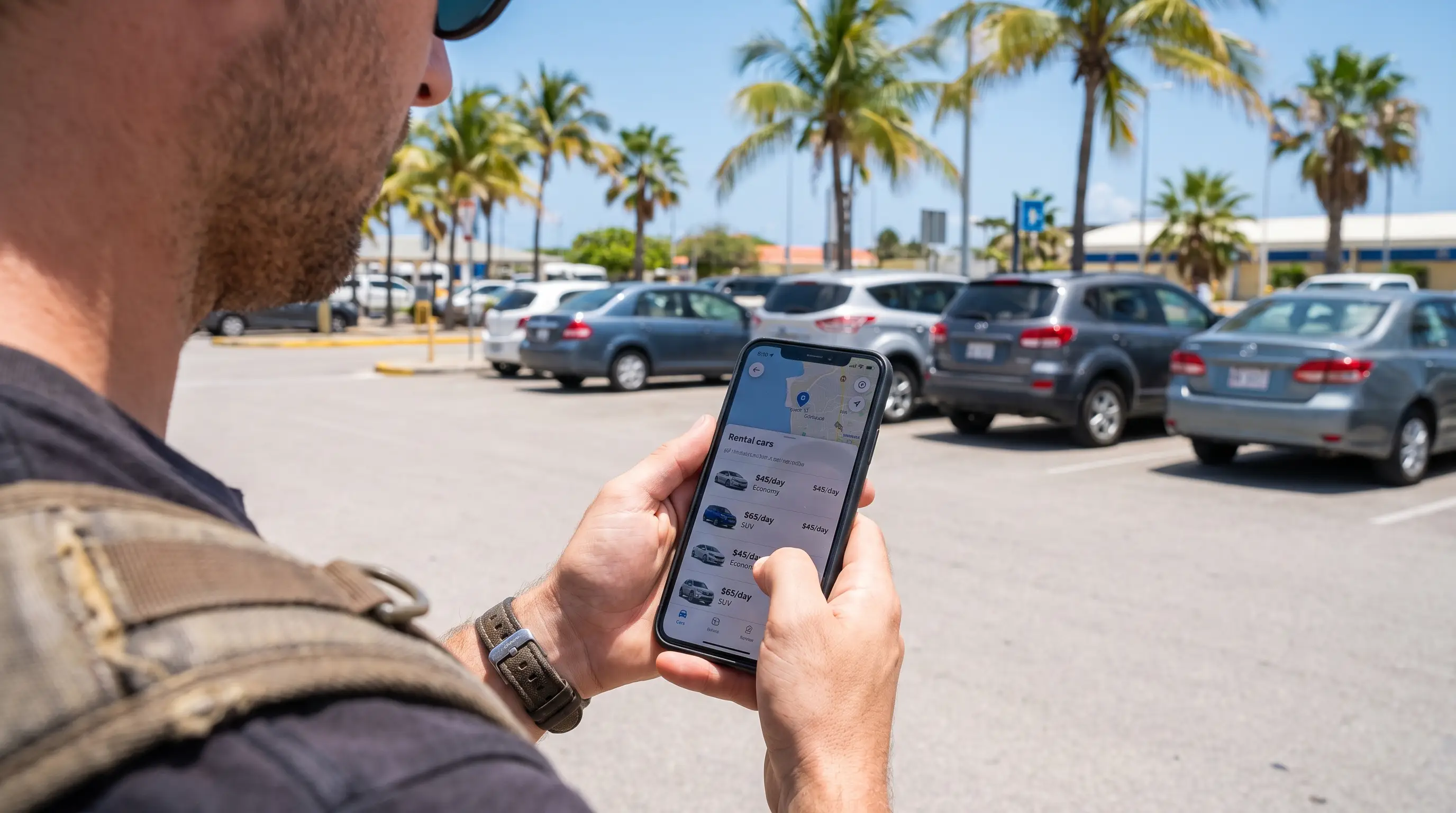 Traveler comparing rental car prices on a phone in a parking lot
