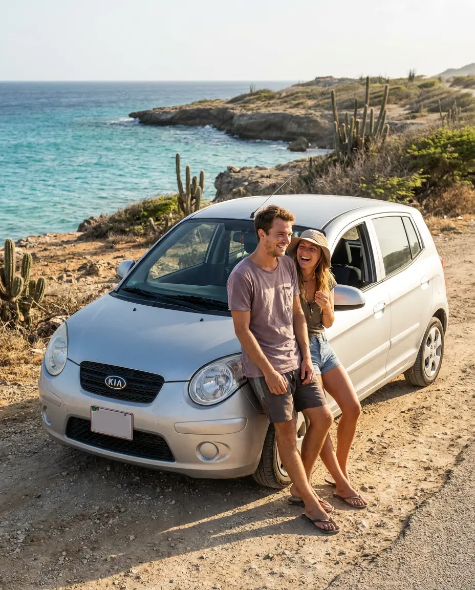 Couple next to a small economy rental car on the Curaçao coast