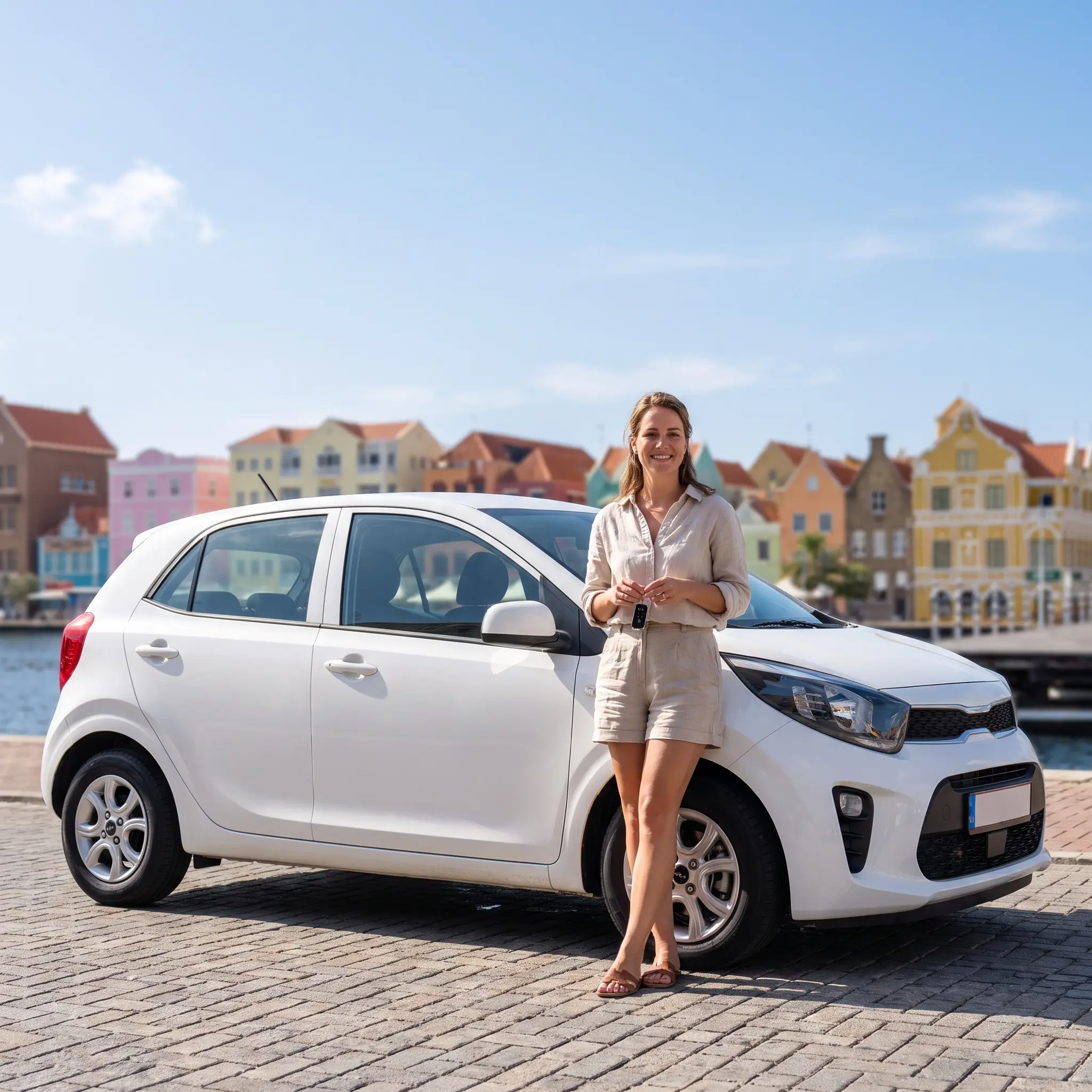 Reiziger met een kleine huurauto bij de Handelskade in Willemstad