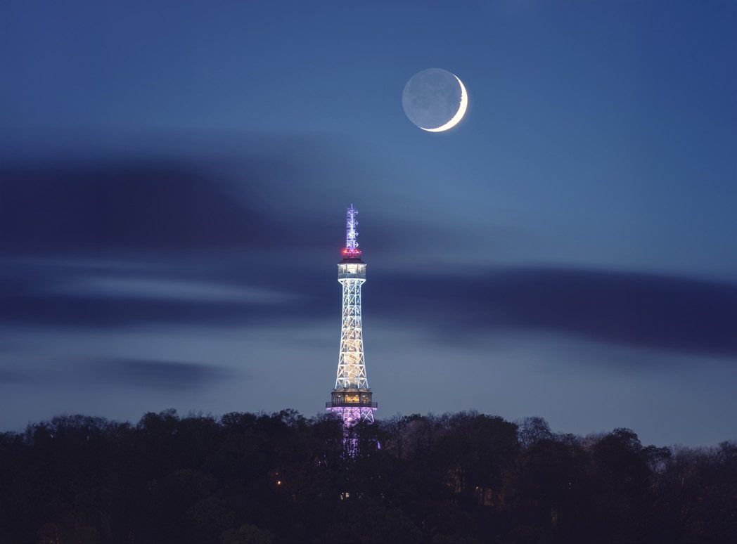 Petřín Tower lit up at night