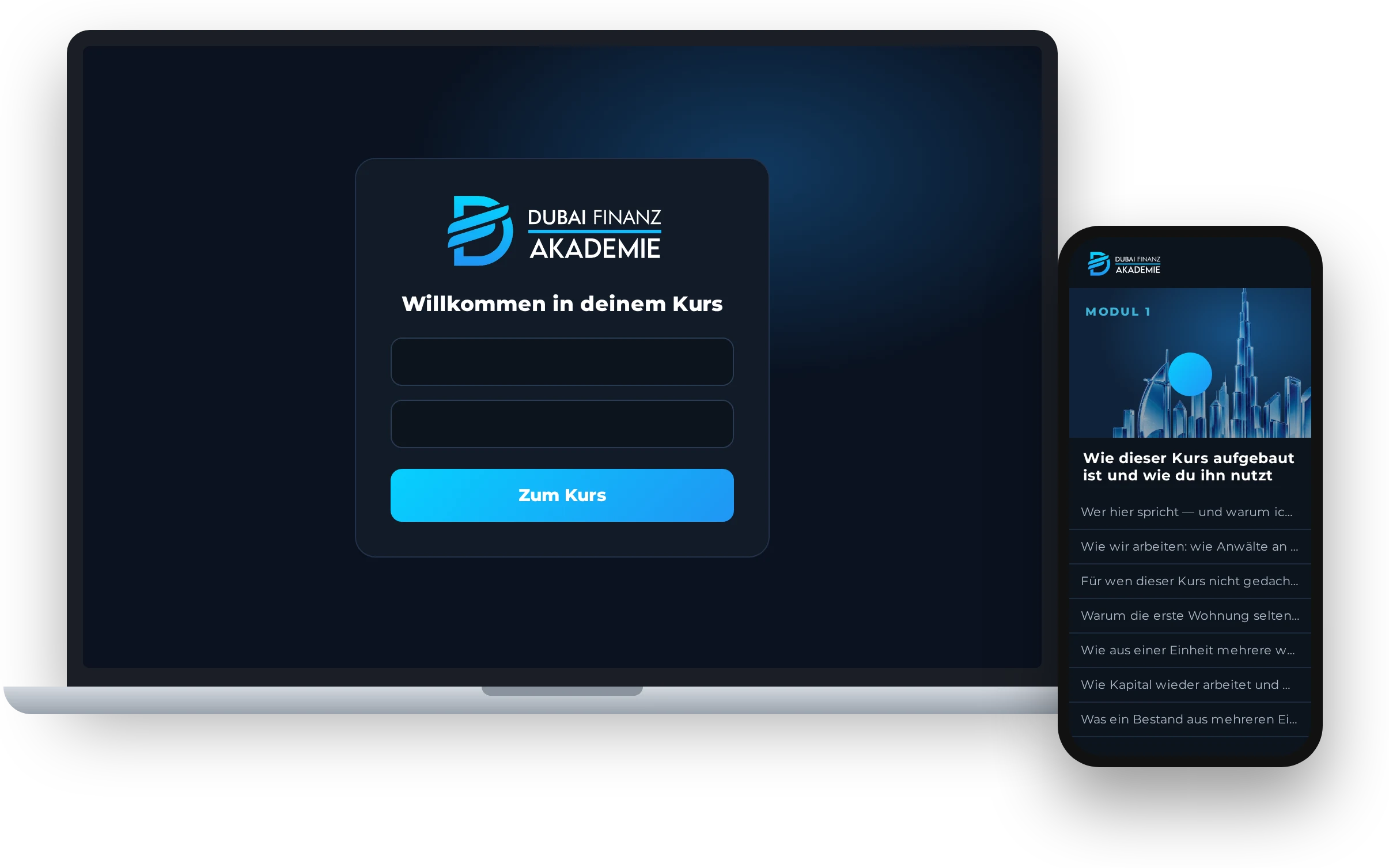Login der Dubai Finanz Akademie auf Laptop und Smartphone