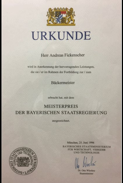 Urkunde Meisterpreis der Bayerischen Staatsregierung, Bäckermeister 1996