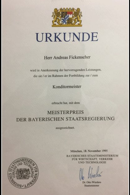 Urkunde Meisterpreis der Bayerischen Staatsregierung, Konditormeister 1995
