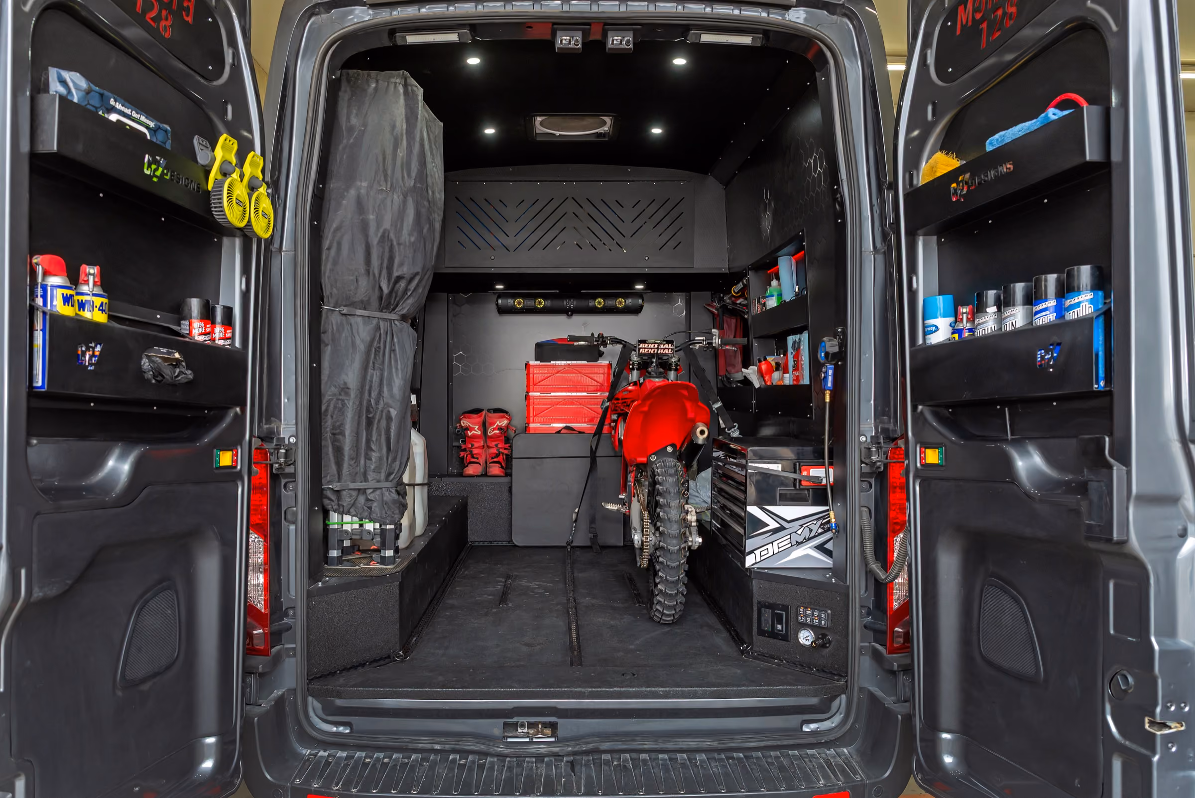 Motorcycle and storage inside a van