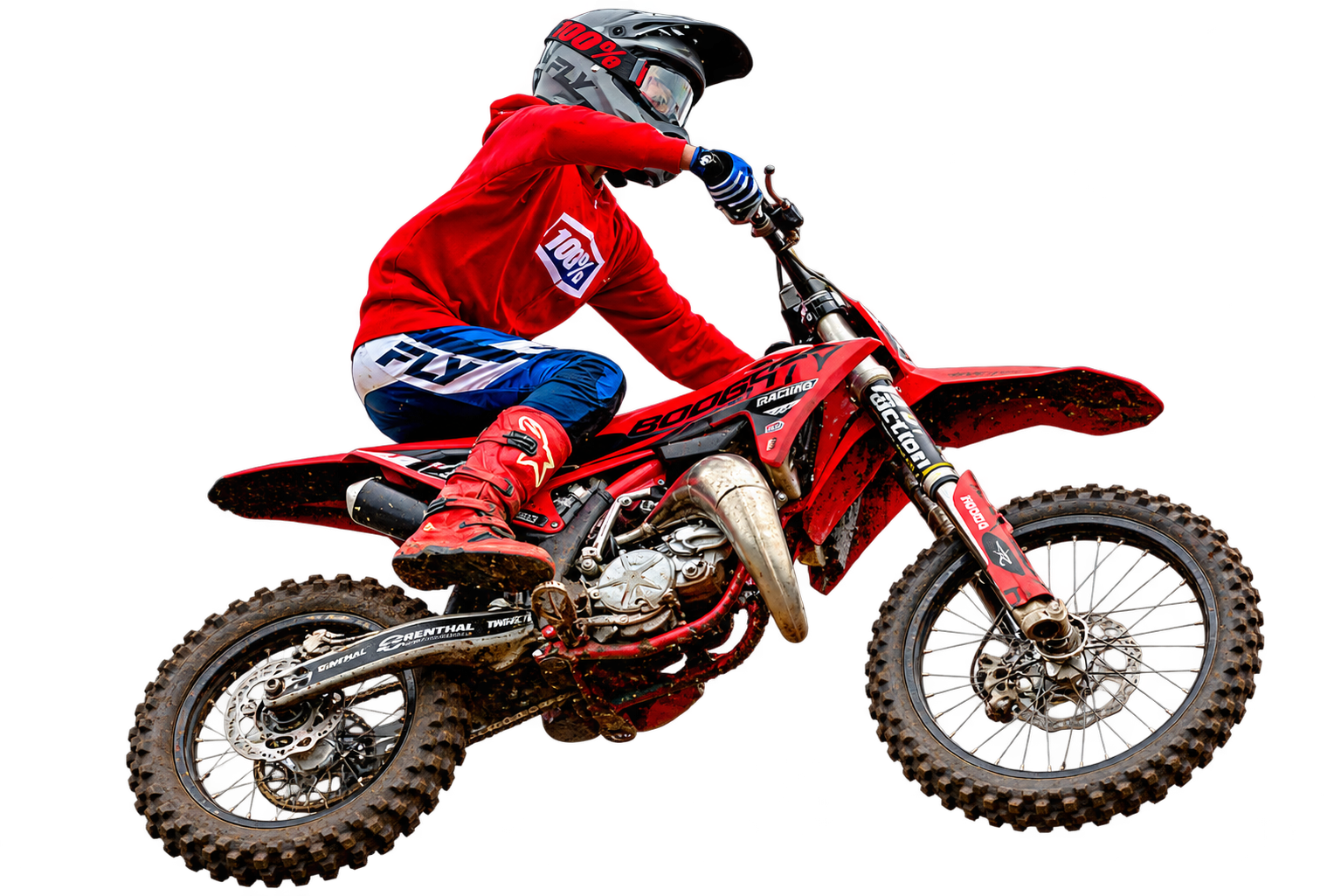 Rider in red jumping a dirt bike