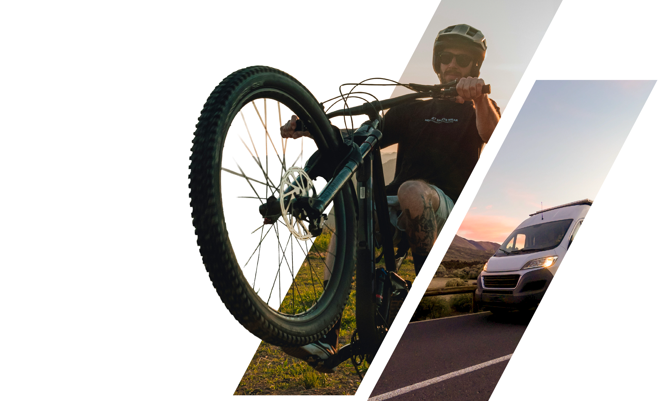 Mountain biker breaking out of angled panels beside a camper van