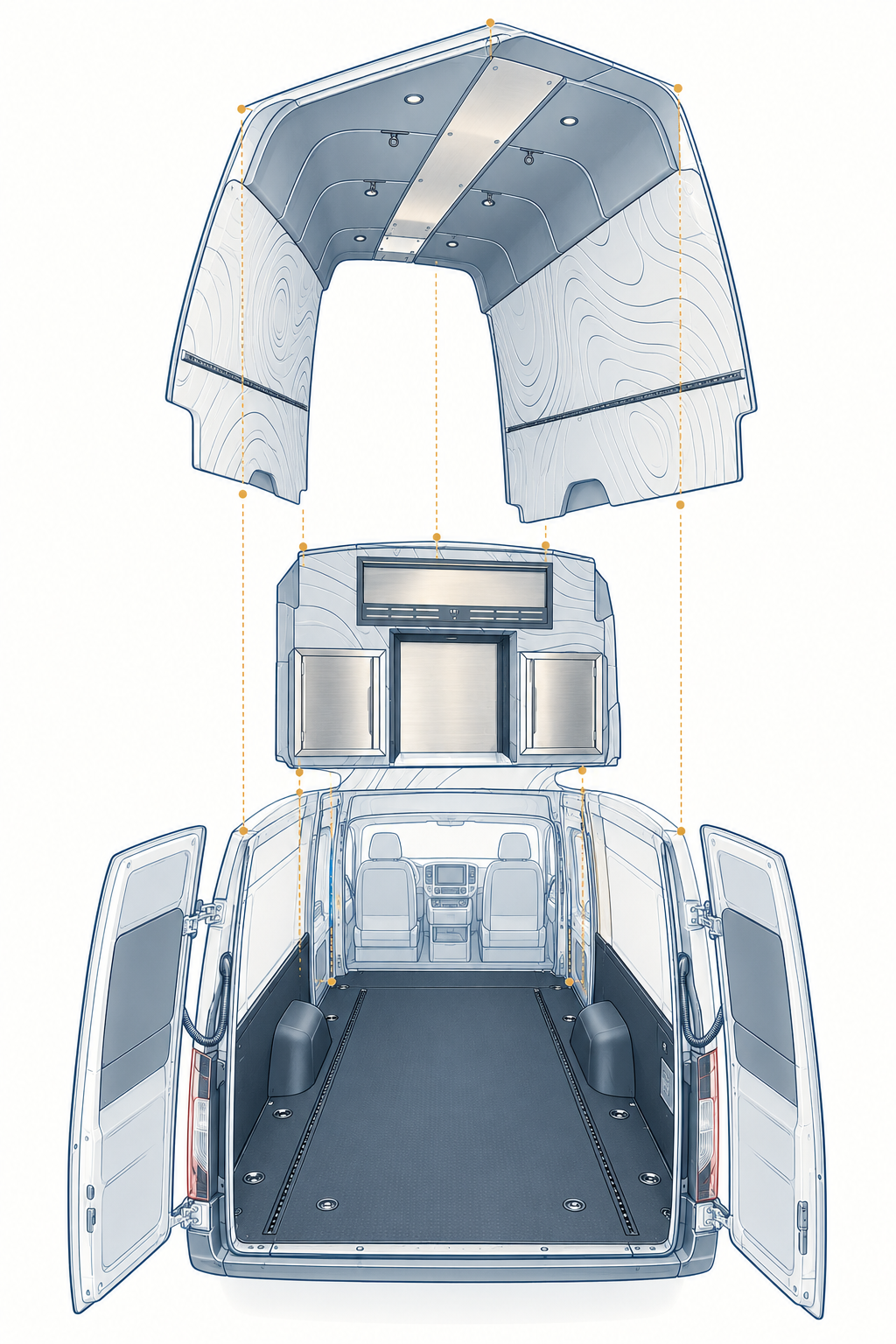 Conceptual exploded illustration of a C2 van interior, showing fitted panels, storage bulkhead, and cargo floor