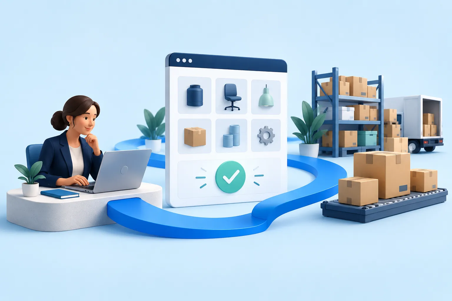 An illustrated B2B buyer ordering online, connected to warehouse fulfillment.
