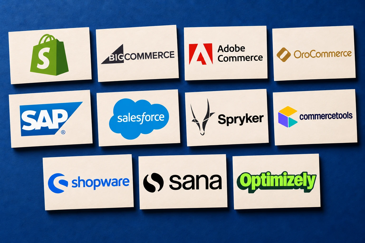 Eleven comparison cards with Shopify, BigCommerce, Adobe Commerce, OroCommerce, SAP, Salesforce, Spryker, commercetools, Shopware, Sana, and Optimizely logos.