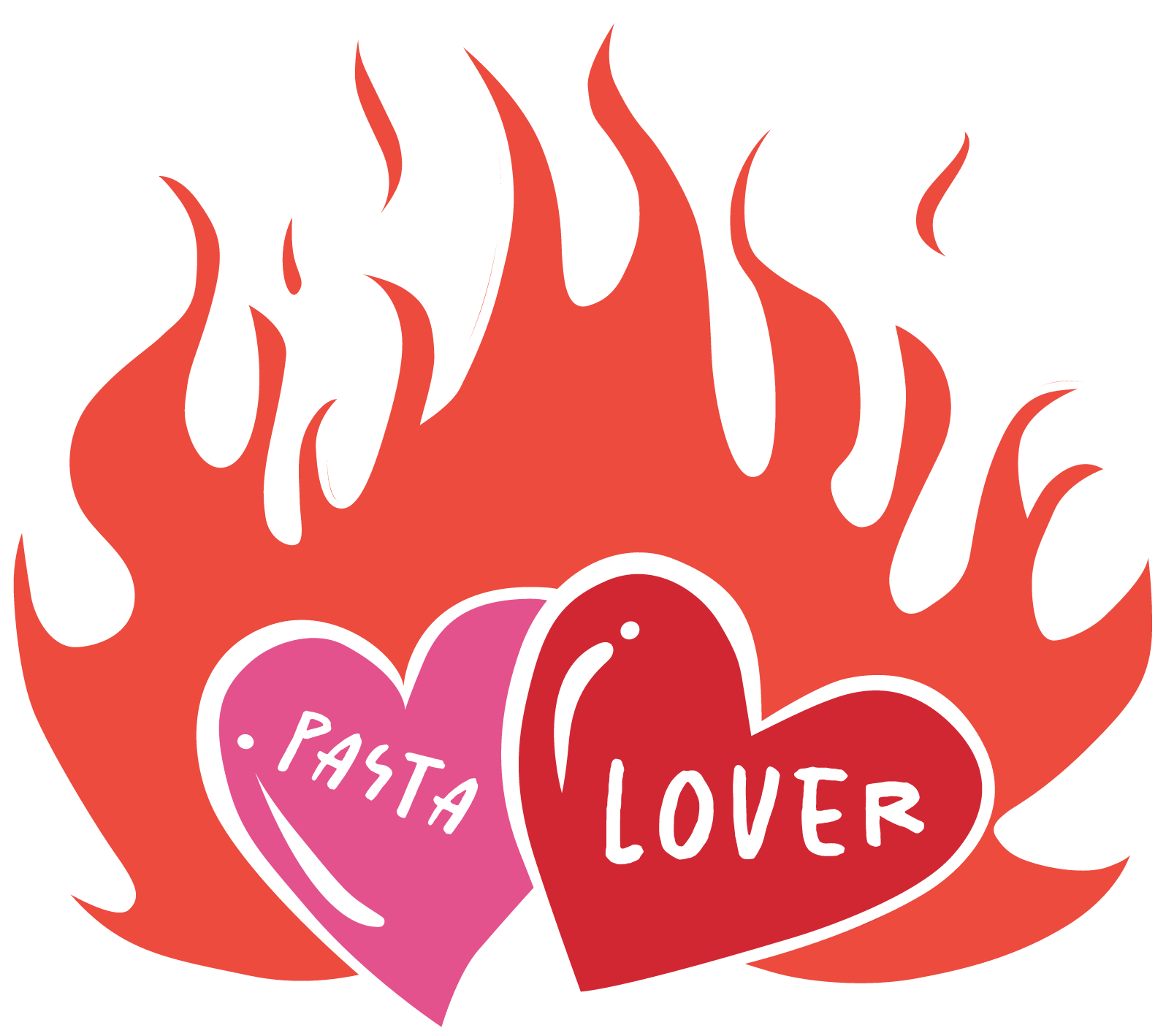 Deux cœurs « Pasta Lover » devant des flammes, illustration du restaurant italien Cosa Papa à Megève