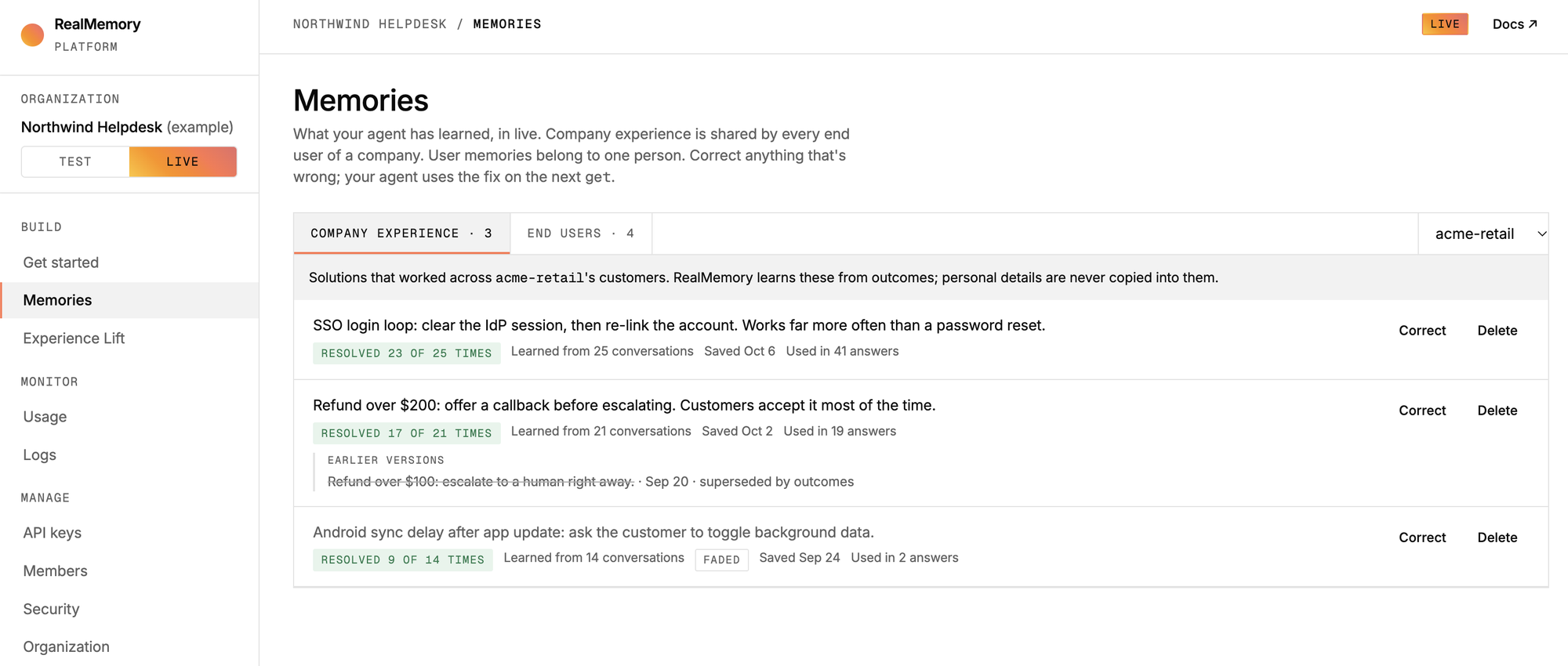 RealMemory portal showing company experience: solutions that worked across customers, how often each resolved the issue, and earlier versions replaced by outcomes.