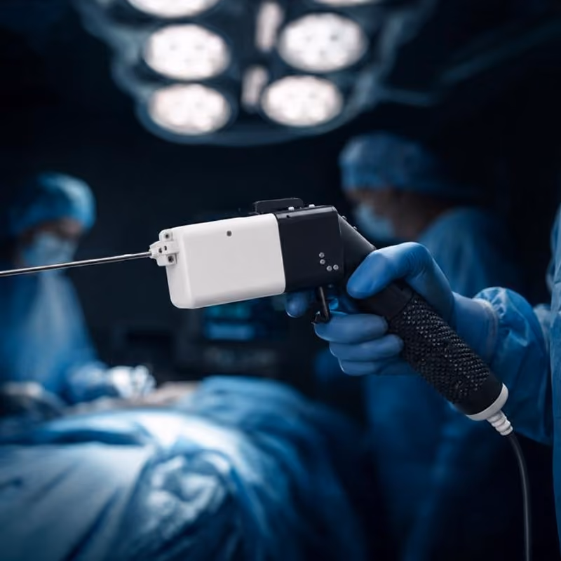 A gloved hand holding a medical device with a long thin probe in an operating room with surgeons and bright surgical lights in the background.