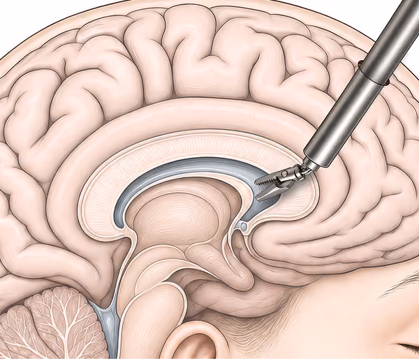 Illustration showing a cross-section of a human brain with a neurosurgical instrument inserted into the ventricular system for ventricular neuroendoscopy.