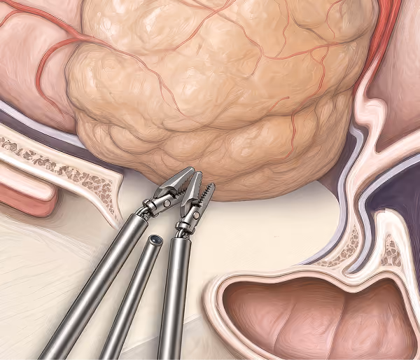 Illustration showing endoscopic surgical tools removing a tumor from the skull base near nasal and sinus cavities.