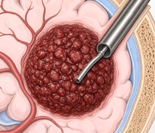 Illustration of endoscopic port-based cranial surgery showing a surgical instrument inserted into a cluster of red, bumpy tissue inside the brain with visible blood vessels and layers of brain and skull tissue.