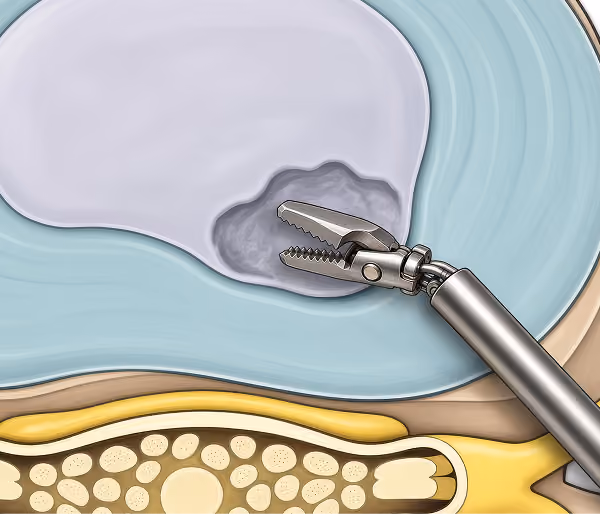 Illustration of a surgical tool performing endoscopic spine surgery, showing the tool inserted next to a vertebra with a grey cavity on it, surrounded by soft tissue.
