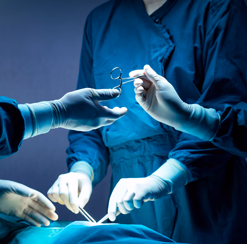 Surgeons wearing blue surgical gowns and gloves performing an operation, one handing surgical scissors to another.