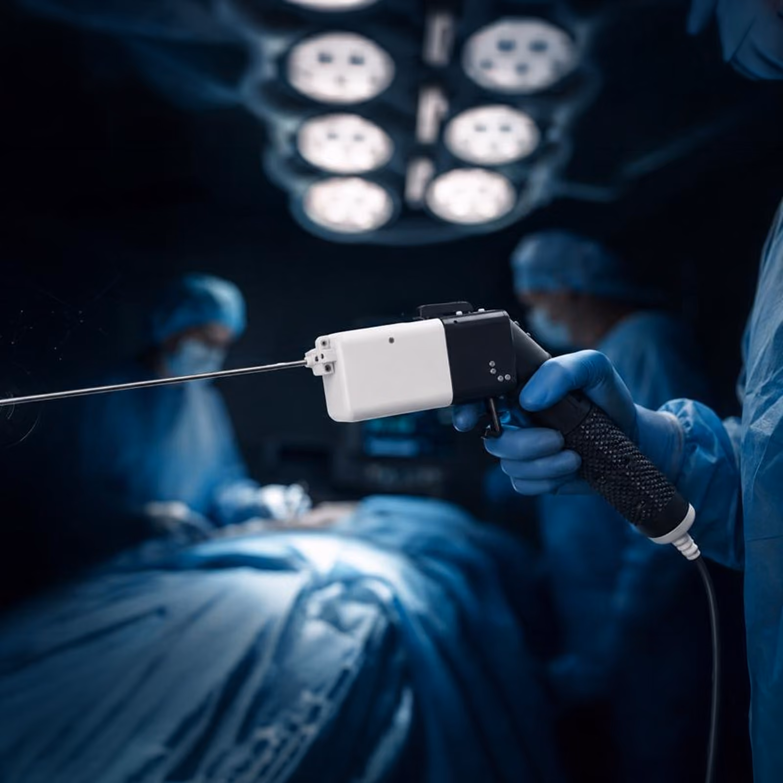Surgeon holding a medical instrument with a long thin rod in a dimly lit operating room, with surgical team and patient blurred in the background under overhead surgical lights.