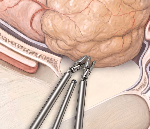 Illustration showing endoscopic surgical tools removing a tumor from the skull base near nasal and sinus cavities.