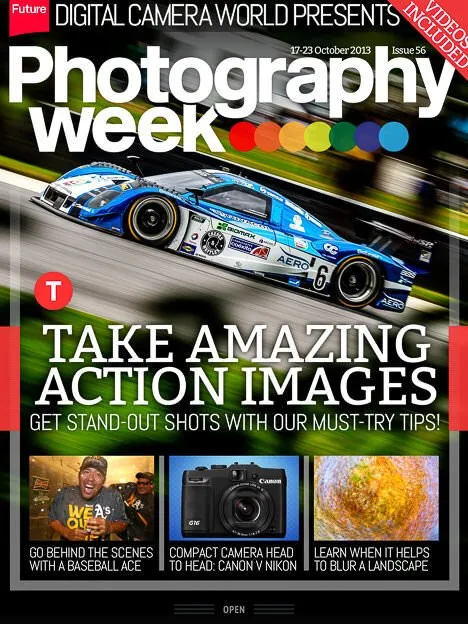Cover of Photography Week magazine featuring a blue and white racing car speeding by on a track, with motion blur in the background. The cover highlights tips for taking amazing action images, and includes smaller images of a baseball player, a Canon camera, and a blurred landscape shot. The issue date is 17-23 October 2013, Issue 56, with a note that videos are included.