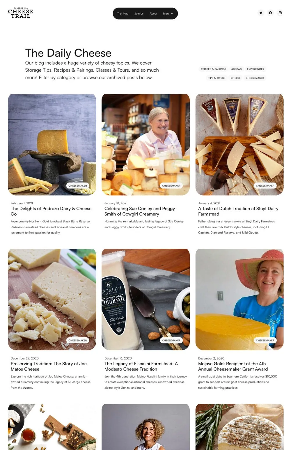 Screenshot of the California Cheese Trail blog homepage titled 'The Daily Cheese,' featuring a variety of cheese-related blog posts with images of different cheeses, cheesemakers, and descriptions of articles about cheese traditions, recipes, and makers, arranged in a grid layout with navigation menu at the top.