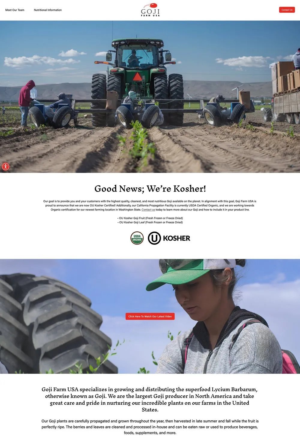 Goji Farm USA website homepage showing farm workers and a tractor harvesting goji plants in a field under a clear blue sky, with text announcing their kosher certification and pride in growing and distributing goji superfood in the United States.