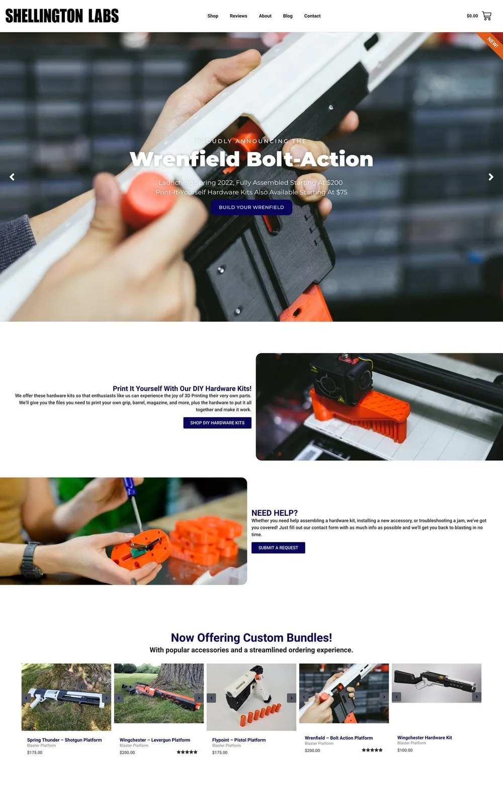 Website homepage for Shellington Labs showing a person assembling a Wrenfield Bolt-Action blaster with orange and black parts, text announcing its launch in Spring 2022. The page highlights DIY hardware kits with a 3D printer image, a person assembling an orange component with a screwdriver, and a section offering custom bundles of various blaster platforms with prices and star ratings.