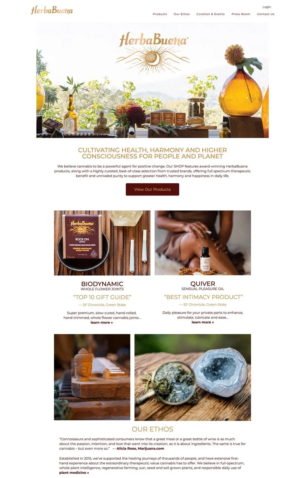 HerbaBuena homepage with amber bottles, plants, and cannabis product displays on a windowsill overlooking greenery, featuring sections for Biodynamic whole flower joints and Quiver sensual pleasure oil, a wooden Buddha figure, and a magnified close-up of cannabis flower beside a geode. Text highlights the brand's ethos focused on health, harmony, and cannabis therapeutic benefits, with quotes and product descriptions.