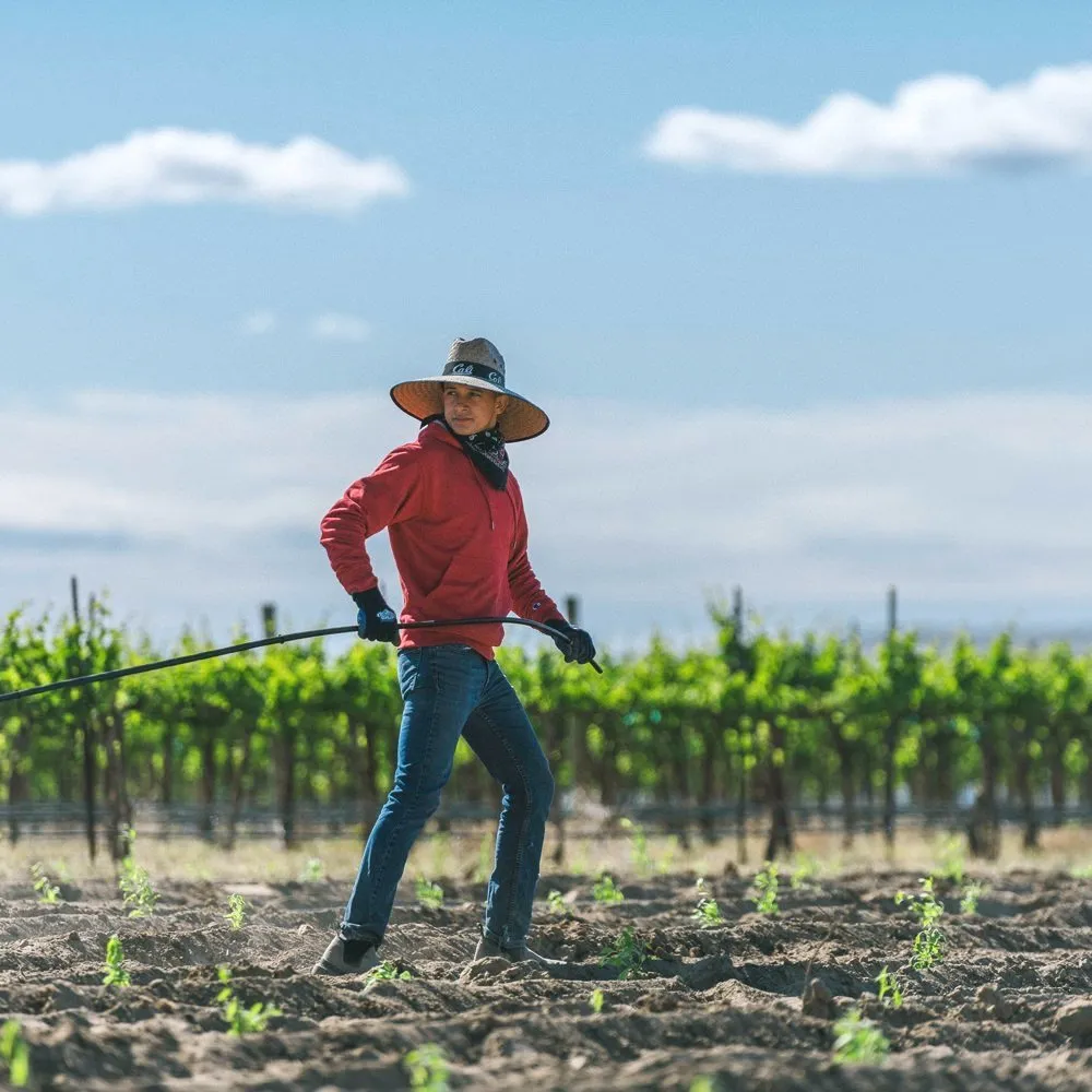Farm worker in a wide-brimmed hat and red jacket holding a hose in a planted field.
