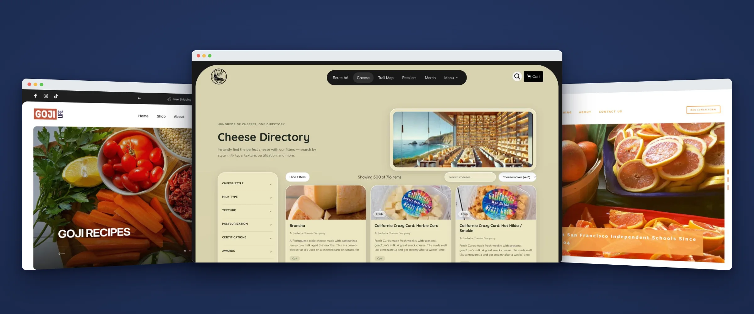 Three client websites in browser windows: the GojiLIFE homepage, the California Cheese Trail cheese directory and the Acre Gourmet homepage.