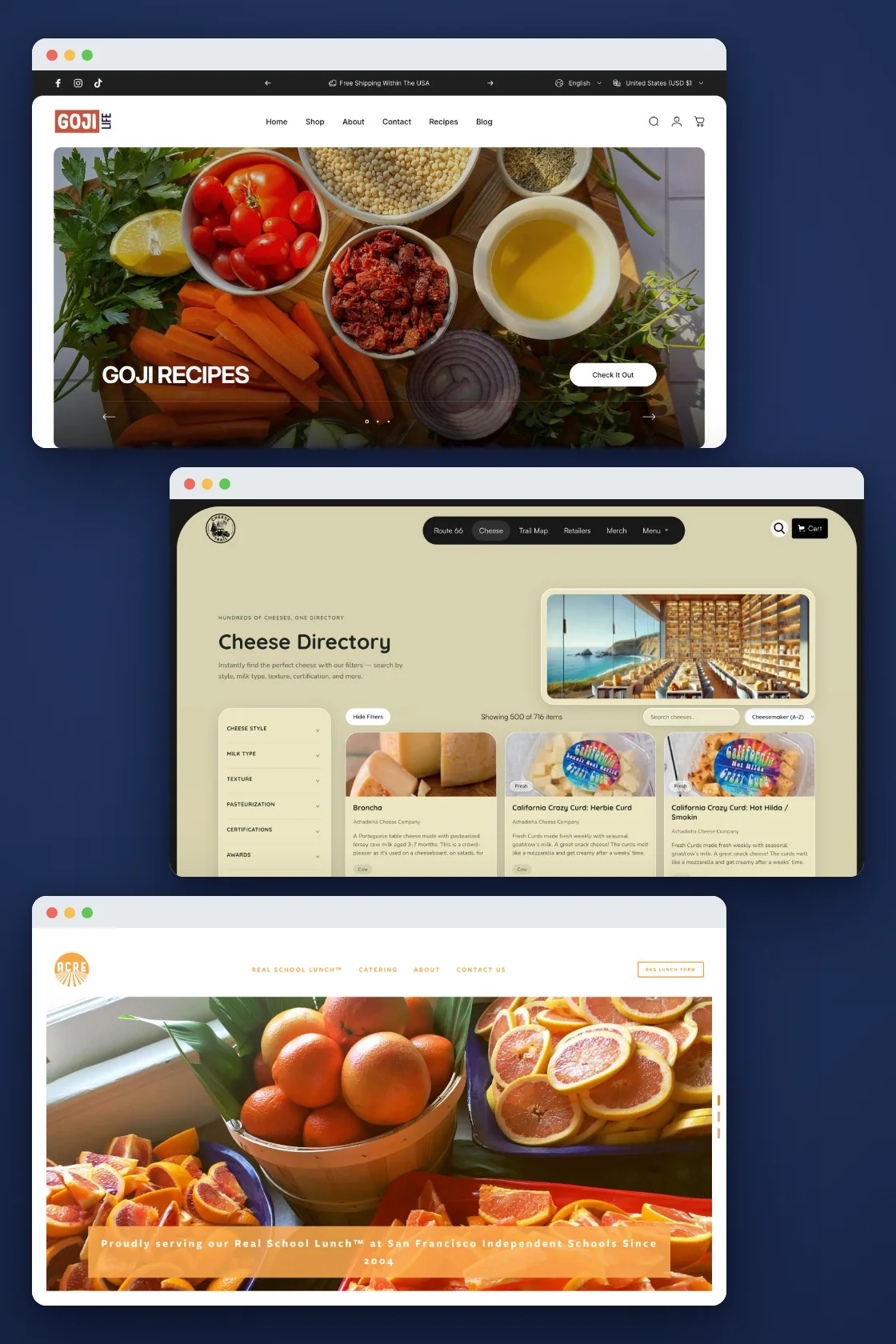 Three browser windows showing websites designed by Ryan Grae: the GojiLIFE homepage, the California Cheese Trail cheese directory, and the Acre Gourmet homepage.