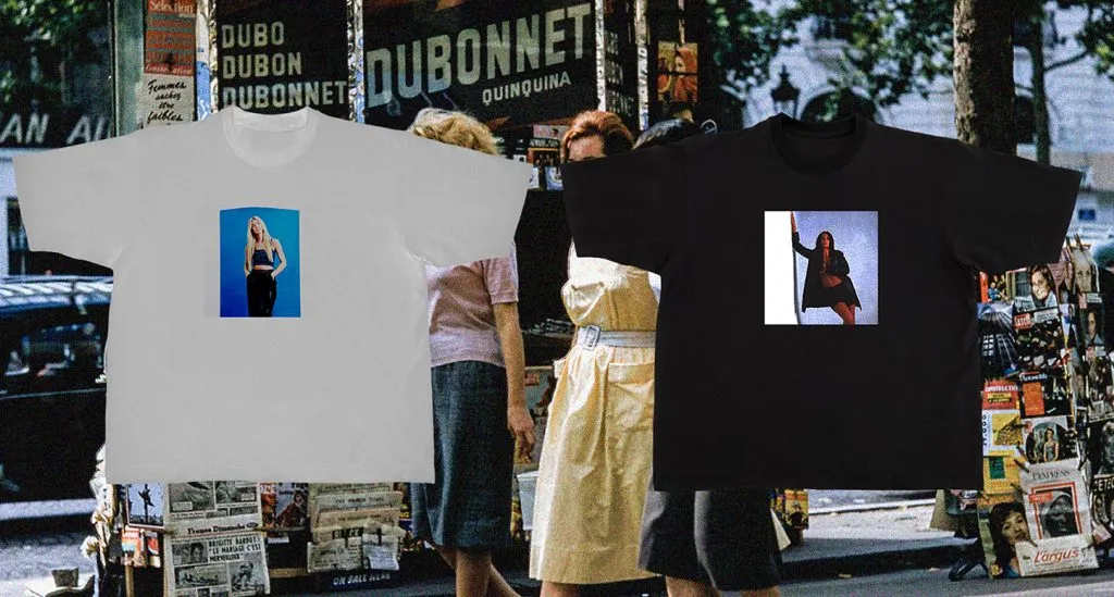 On-model photography from POLA Studio displayed on a black tee and a white tee.