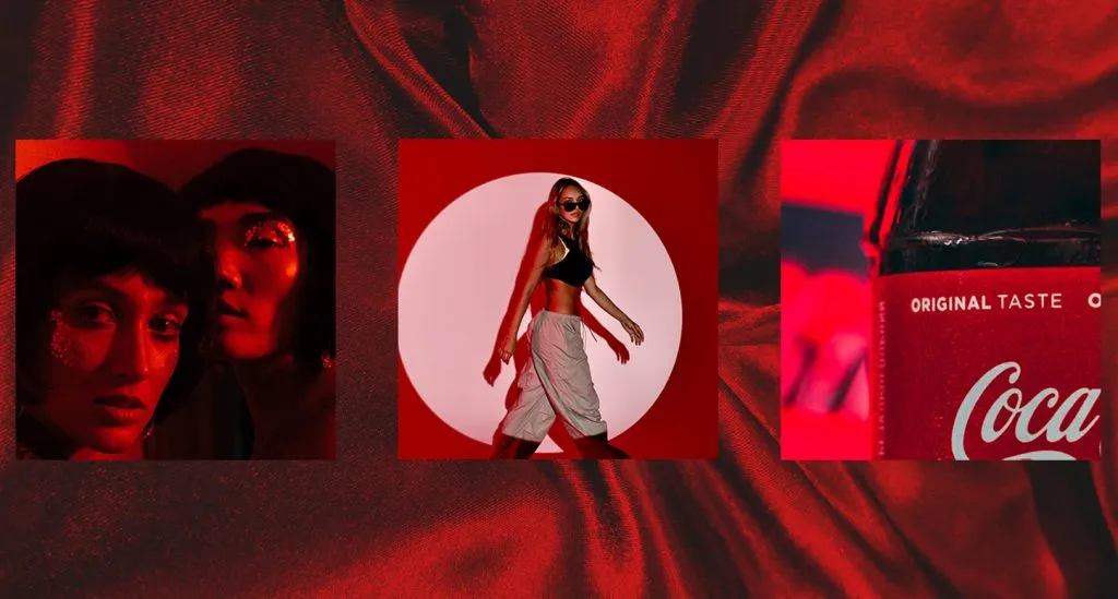 Red-themed creative photography shot at POLA Studio in Covington, Louisiana.