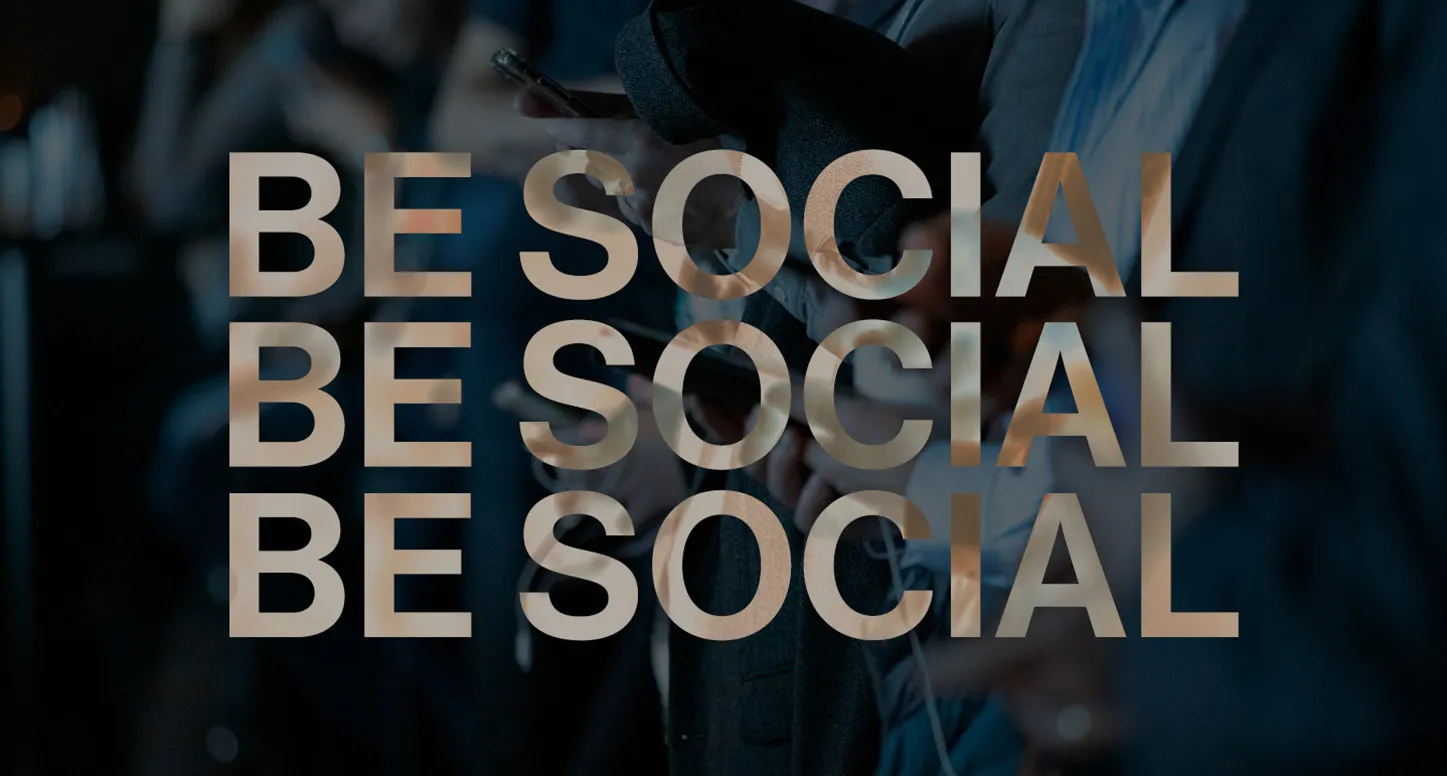 A photo of people holding phones with the text "be social" layered on top for POLA Marketing Agency's Digital Marketing guide
