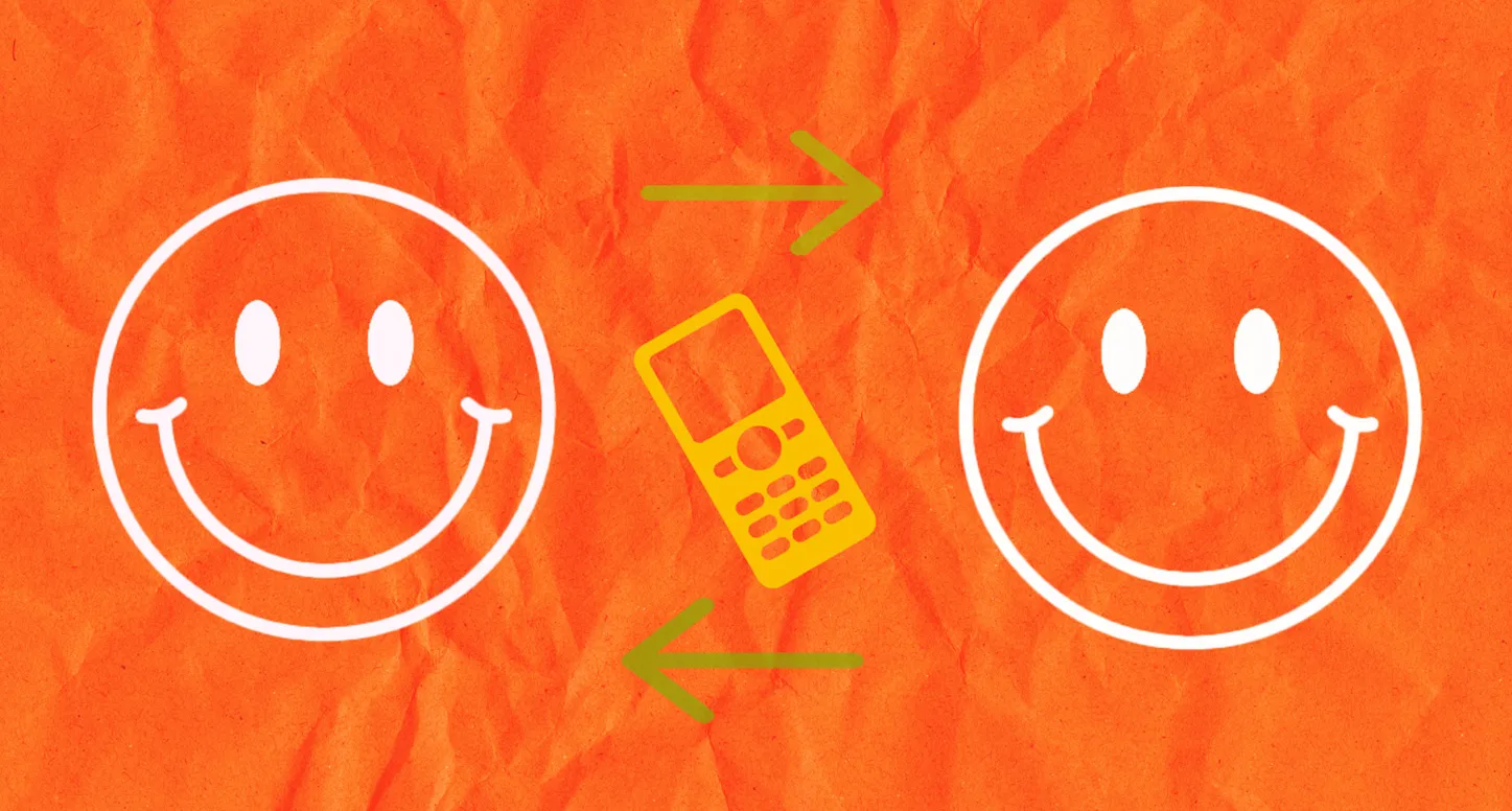 A graphic design of two smiley faces, a cell phone, and two green arrows symbolizing SMS marketing for e-commerce businesses