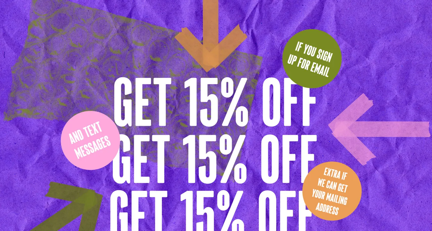 A graphic design of an SMS and email subscriber ad for an e-commerce business