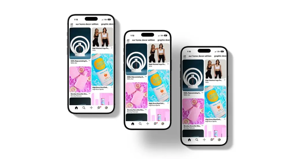 An iPhone mockup of POLA Marketing Agency's Pinterest ad graphics for Viosi, High Noon, NEEL, and Monday.
