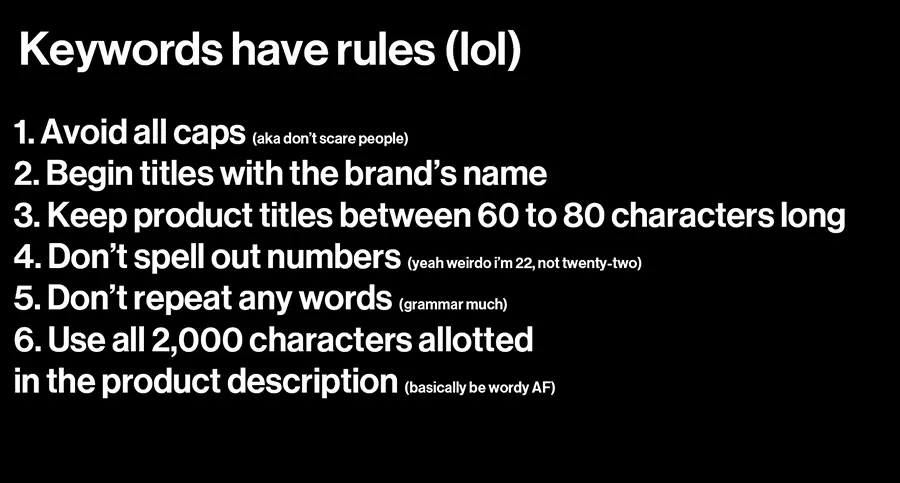 POLA Marketing Agency's graphic design of keyword rules for top ways brands can use Amazon SEO to increase product visibility.