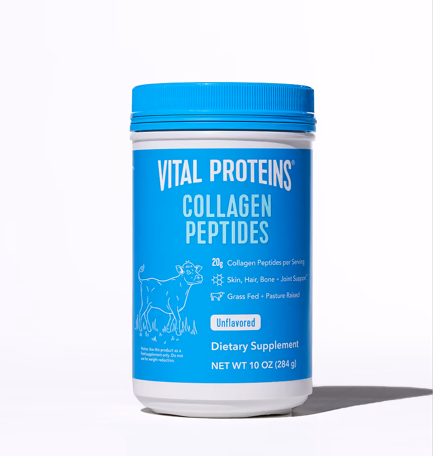 Container of Vital Proteins Collagen Peptides dietary supplement with blue label and lid, stating 20g collagen peptides per serving, supports skin, hair, bone and joints, grass-fed and pasture-raised, unflavored, net weight 10 oz (284 g).