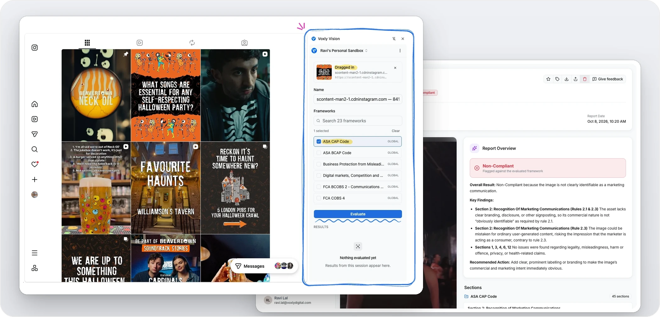 Voxly Vision checking a brand's Instagram feed against the ASA CAP Code, with a non-compliant evaluation report behind it