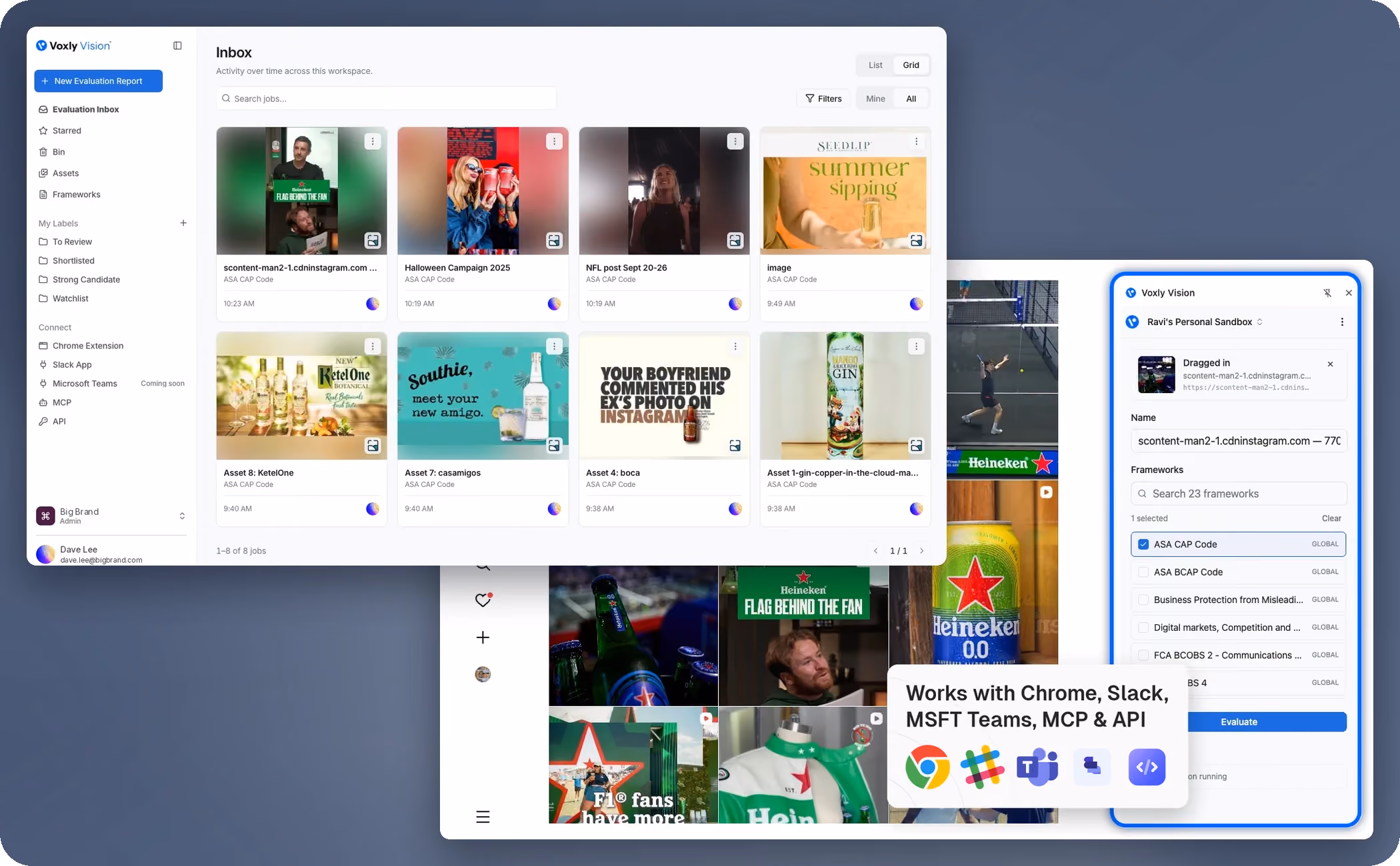 Voxly Vision evaluation inbox in grid view, with the Voxly Vision Chrome plugin checking a Heineken Instagram feed against the ASA CAP Code behind it, and a callout showing it works with Chrome, Slack, Microsoft Teams, MCP and API