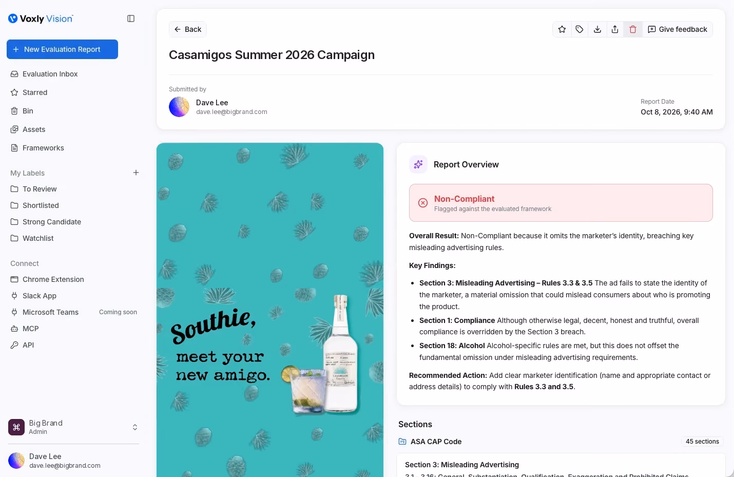 Voxly Vision compliance report for a Casamigos summer campaign ad, showing the overall result, key findings by ASA CAP Code section and a recommended action