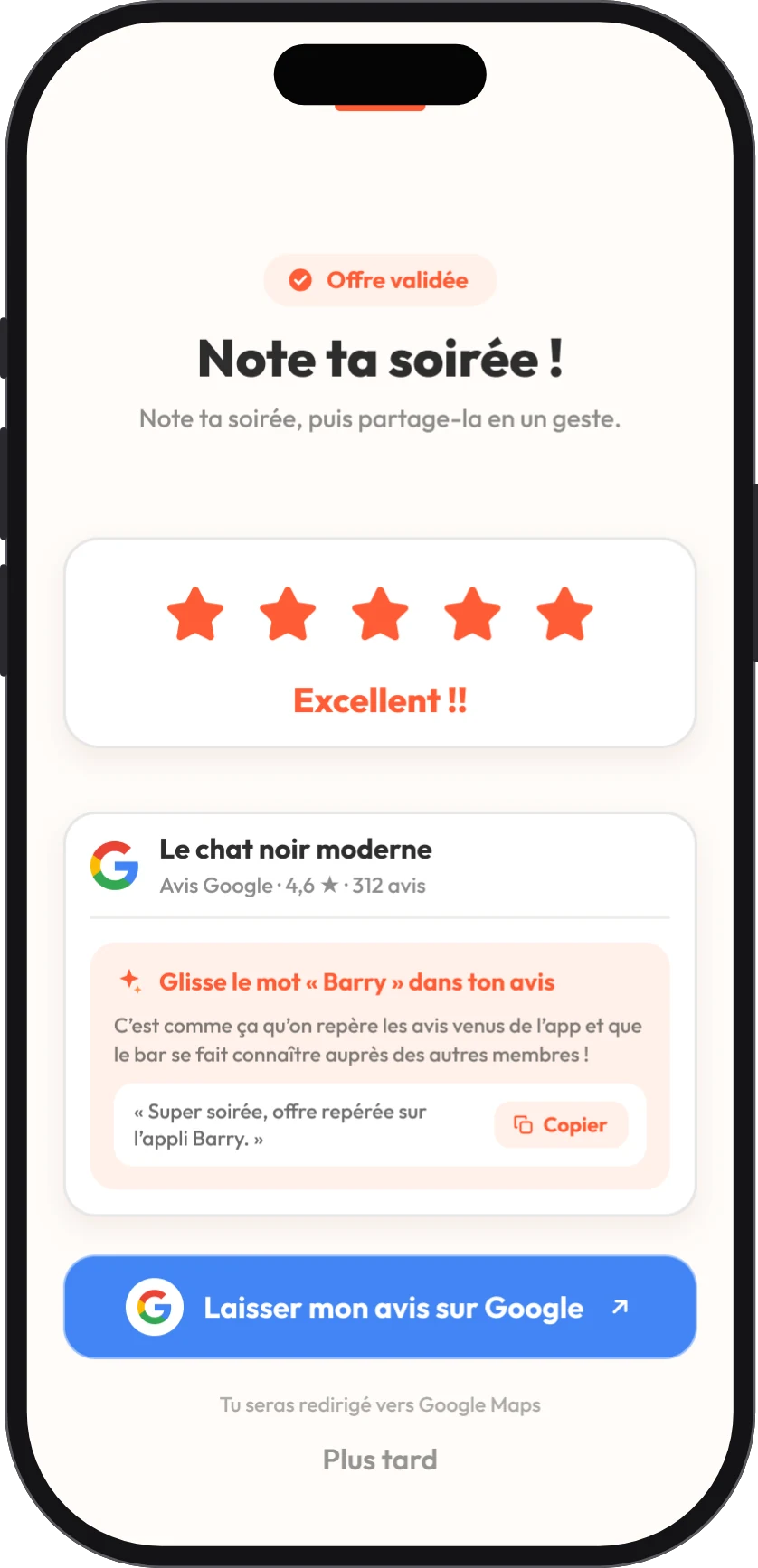 Écran « Note ta soirée » de l’app Barry